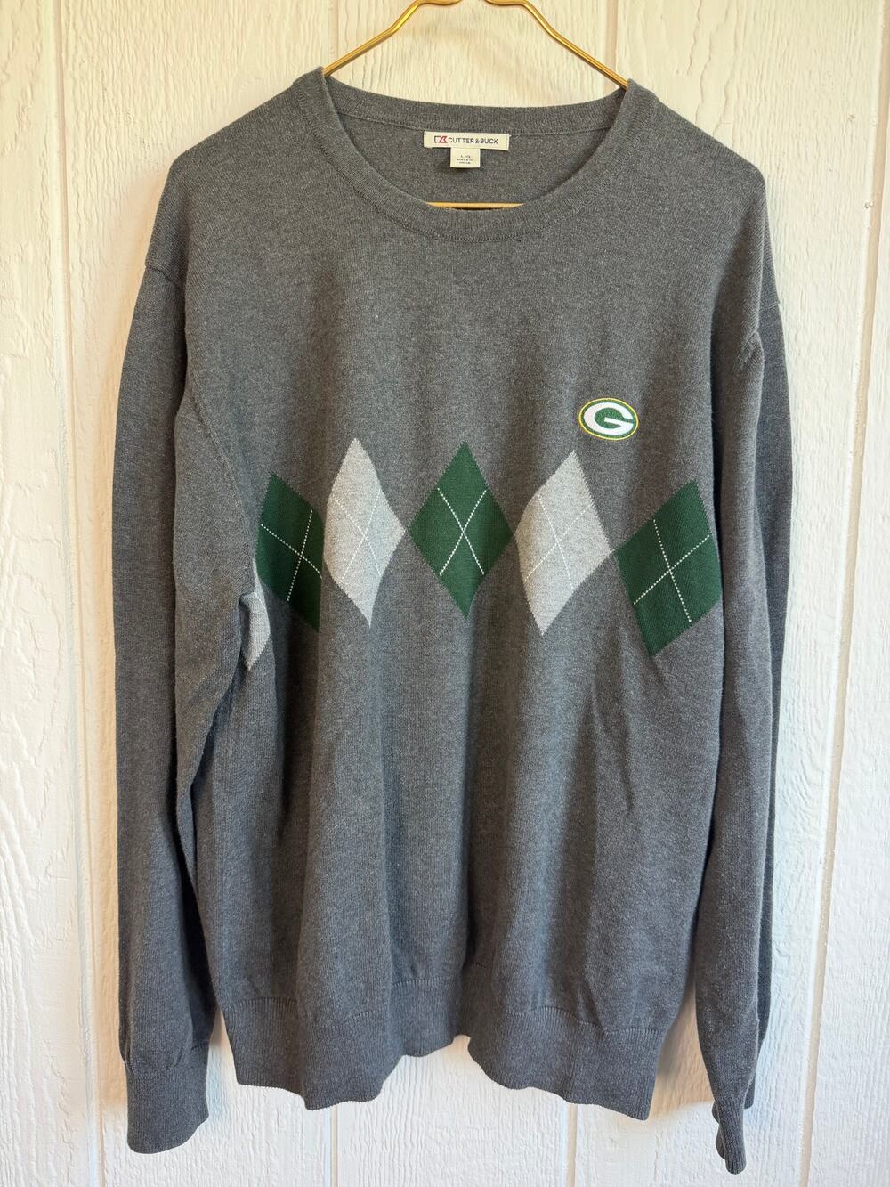 Cutter & Buck Green Bay Packers Argyle Sweater Gray Green Cotton Crewneck L
